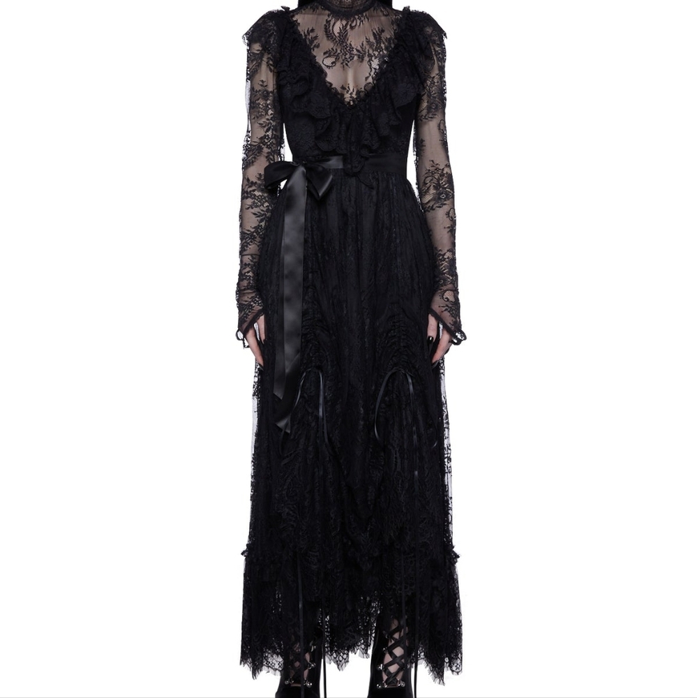 Black Lace Maxi Dress with Ribbon Waist